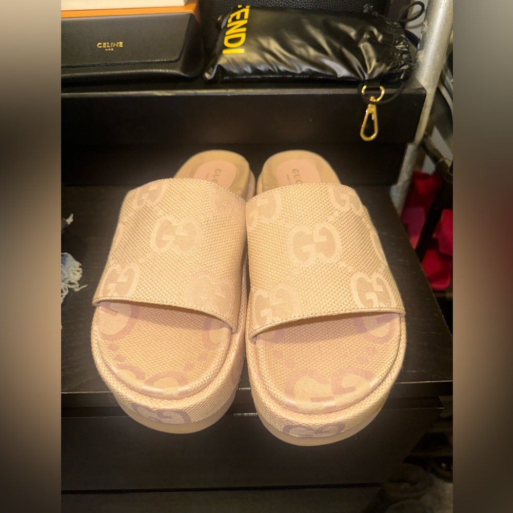 Monogram Jumbo GG Angelina Platform 55mm Slide Sandals Beige Perfect Pink * new